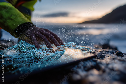 Subsea Cable Landing Hand Touching AR Fiber Route Lattice At Dawn, Shoreline Control Tablet, Waves And Rocky Beach, Global Connectivity, Telecommunications Infrastructure, Fiber Optic Network