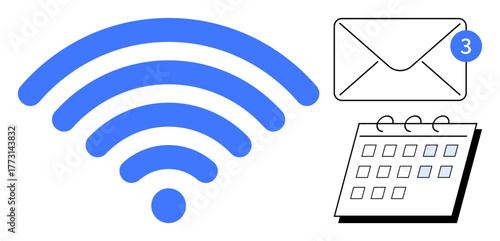 Blue wireless signal, envelope with a notification badge, and a calendar represent connectivity, email alerts, and scheduling. Ideal for communication, business, notifications, planning time