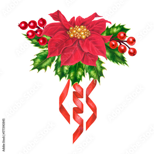 Red poinsettia with ribbons in Christmas bouquet. Bright watercolors gives warmth. Bright flowers, hollyberries, and fir branches for your home, shop, table setting, stickers, scrapbook, gift card