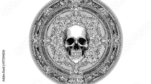 Detailed circular mandala design incorporating skull and floral elements.