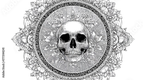 Detailed circular mandala design incorporating skull and floral elements.