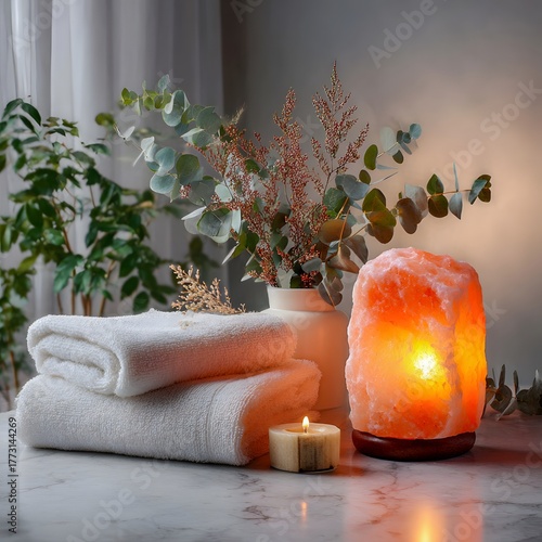 Spa relaxation scene with glowing Himalayan salt lamp, folded white towels, candle and eucalyptus bouquet on marble, cozy wellness home interior