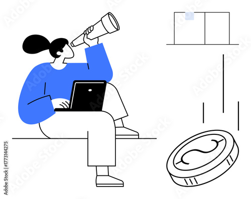 Woman holding telescope and laptop, observing potential opportunities. Coin and graphs convey financial growth, business insights. Ideal for exploration, strategy, planning, success, finance