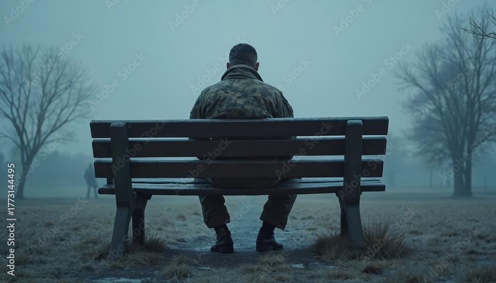 Fototapeta premium Lonely soldier in uniform sits on park bench from behind. Military man feels isolated, contemplating war experiences. Veteran with PTSD suffers from combat trauma, depression, stress, anxiety, grief,