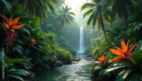 Fototapeta Naklejka Na Ścianę i Meble -  Waterfall flows in rich tropical jungle. Stream runs through dense vegetation. Palms stand tall. Orange flowers bloom near river water. Fresh plants offers peace. Eco nature background. Calming wild