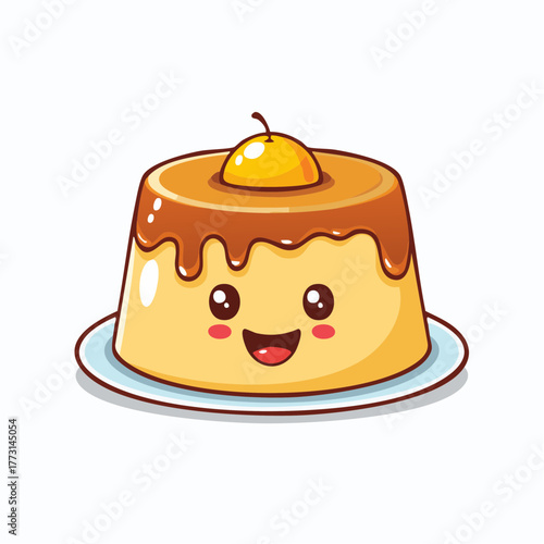 Delightful flan dessert character with a sweet smile, perfect for food blogs and cheerful designs, a cute cartoon confection to brighten your day