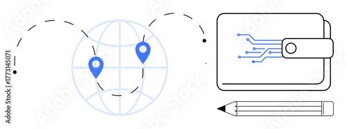 Wallet with digital circuits, globe with location pins, and a pencil representing innovation, connectivity, and digital financial solutions. Ideal for technology, finance, global trade, education