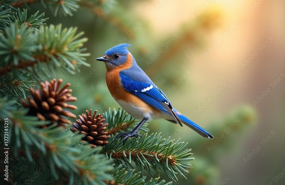 Fototapeta premium Small bluebird perches on pine tree branch with pinecones. Bird has blue feathers on back and wings, orange chest. Wild animal in natural green environment.