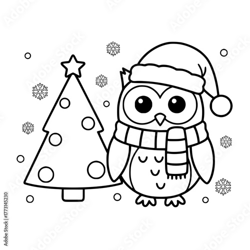 Simple owl with Santa hat next to Christmas tree, coloring book page for toddlers Generative AI