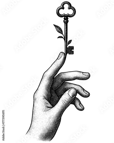 Black and white engraving of a human hand holding an old key with a sprouting leaf — symbol of growth, opportunity, and new beginnings.