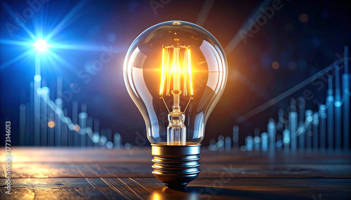 Illuminating Ideas: A brilliant lightbulb glows brightly, symbolizing innovation, creativity, and the power of ideas against a backdrop of financial data.