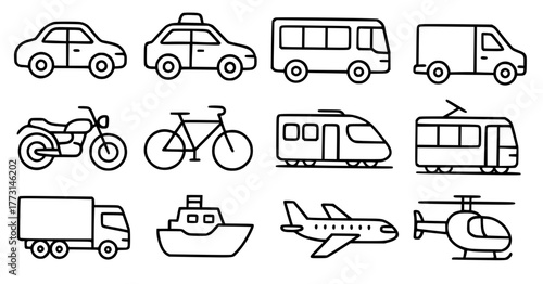 Illustration of 8 Means of Transportation, Outline Version
