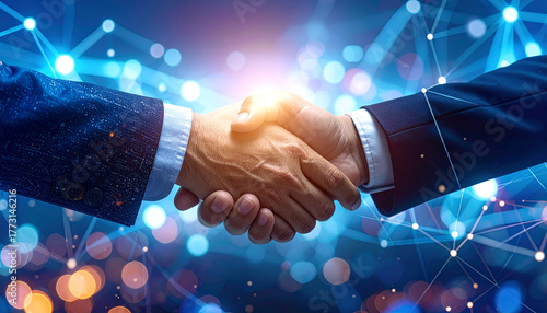 Handshake of Agreement: Two hands clasped together in a firm handshake, symbolizing a successful partnership, set against a backdrop of connected lines of light.