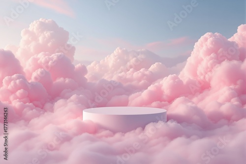 Round pastel podium floating among fluffy pink clouds, soft dreamy graphic style, sky background, concept of surreal fantasy display. Ai generative