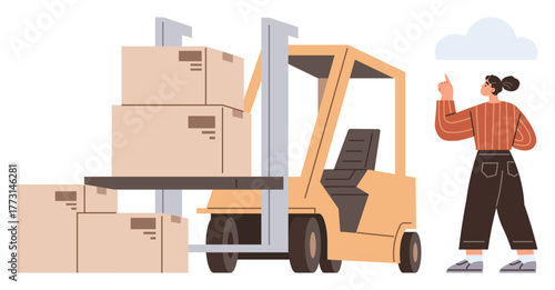 Forklift lifting boxes as worker gestures for loading coordination. Ideal for shipping, logistics, warehouse management, teamwork, packaging, supply chain, automation. Simple flat metaphor