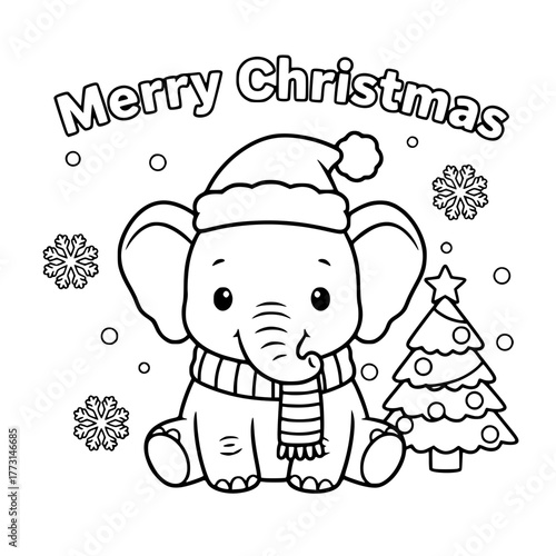 Elephant beside Christmas tree, coloring book page for toddlers Generative AI
