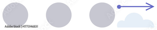 Three gray circles moving left to right with an arrow pointing toward a cloud, symbolizing movement, growth, process, transformation, innovation. Ideal for change, progress, future simplicity