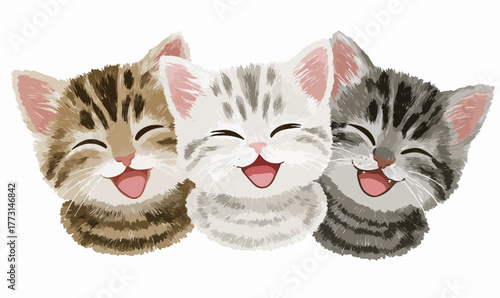 Três gatinhos adoráveis e sorridentes, com pelagens distintas, ilustram a alegria em um design gráfico encantador.