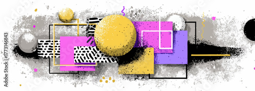 Composição abstrata moderna com formas geométricas vibrantes e texturas grunge, ideal para fundos criativos e designs contemporâneos.