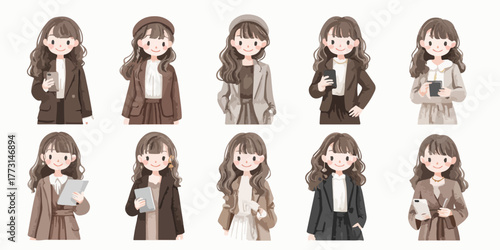 Conjunto de personagens femininas em vetor, representando diversas poses e vestimentas modernas para o ambiente corporativo e digital.