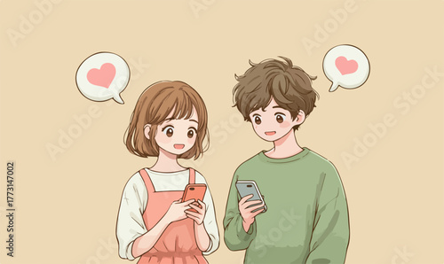 Um jovem casal moderno compartilha momentos de afeto e comunicação através de seus smartphones, simbolizando o amor digital e a conexão online.