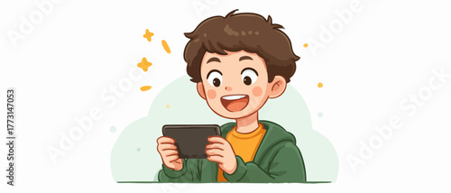 Jovem garoto sorridente e animado mergulha na diversão de jogos eletrônicos em seu dispositivo móvel, ilustrando o entretenimento digital.