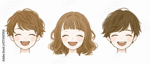 Ilustração vetorial de três rostos sorridentes de jovens, transmitindo alegria e felicidade com um estilo de desenho animado fofo e amigável.
