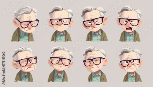 Este vetor ilustra um homem idoso com óculos exibindo uma gama de oito expressões faciais distintas, capturando emoções variadas.