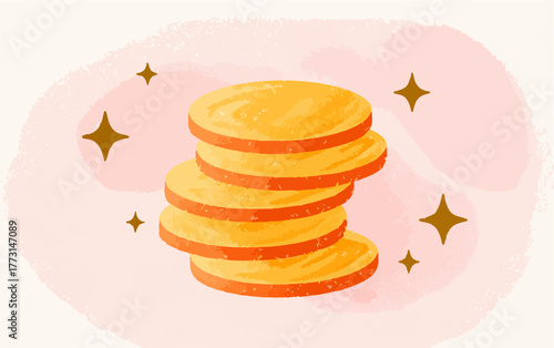 Ilustração vetorial de moedas de ouro empilhadas, representando prosperidade e economia, com um toque artístico e brilho mágico.