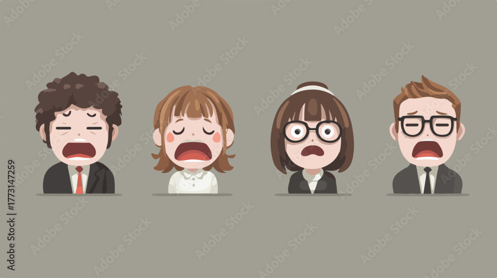 Uma ilustração vetorial mostra quatro personagens de negócios, homens e mulheres, expressando pânico e choque com a boca aberta.