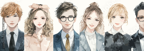 Conjunto de avatares modernos em formato vetorial, mostrando a diversidade de jovens adultos em ambientes profissionais e sociais com elegância.