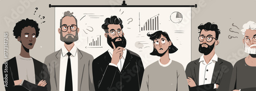 Um grupo diversificado de profissionais de negócios expressa confusão e ceticismo durante uma apresentação complexa de dados e gráficos.