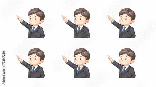 Homem de negócios em terno apontando para cima, em uma ilustração vetorial que representa direção e indicação.