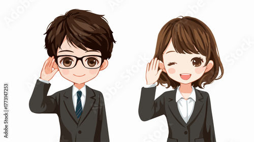 Dois profissionais de negócios, um homem e uma mulher, escutam atentamente com as mãos nas orelhas, simbolizando comunicação e atenção.