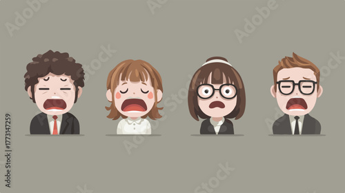 Uma ilustração vetorial mostra quatro personagens de negócios, homens e mulheres, expressando pânico e choque com a boca aberta.