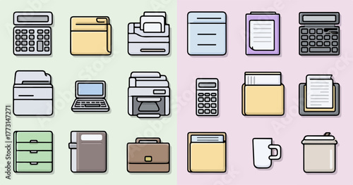 Uma coleção de ícones vetoriais de escritório e negócios, representando ferramentas essenciais para o ambiente de trabalho moderno e produtivo.