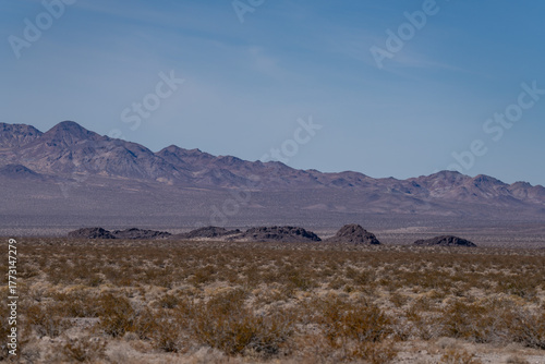 Andesite / Volcanic Rocks. U.S. Route 66 or U.S. Highway 66 / National Trails Hwy, Siberia, San Bernardino County, California. Mojave Desert / Basin and Range Province.  Bullion Mountains