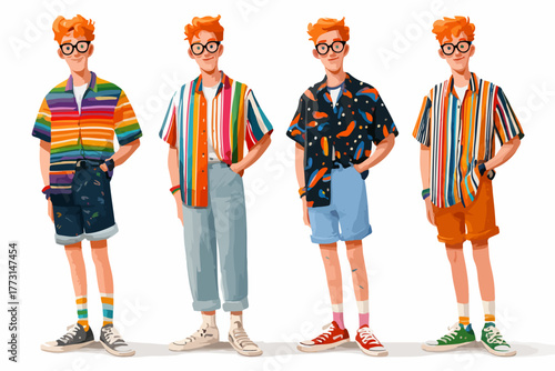 Ilustração vetorial de quatro jovens com visuais de verão modernos, apresentando camisas coloridas e óculos distintos em um estilo único.