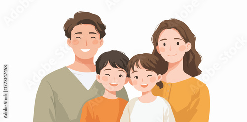 Uma ilustração vetorial encantadora de uma família feliz de quatro pessoas, com pais e filhos sorrindo juntos, transmitindo alegria e união.