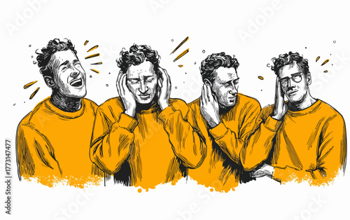 Uma série de expressões faciais e corporais de um homem, capturando a diversidade de sentimentos como felicidade, raiva e exaustão em arte vetorial.