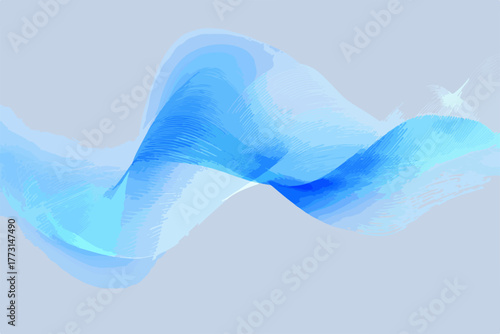 Esta imagem abstrata apresenta uma onda fluida de tons azuis que se move suavemente sobre um fundo cinza claro, criando uma sensação de dinamismo e modernidade.