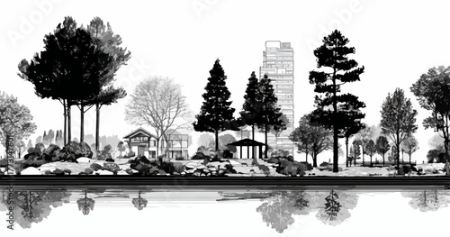 Uma paisagem serena e ilustrativa, onde a natureza exuberante se encontra com a arquitetura urbana moderna, refletindo-se calmamente na água.