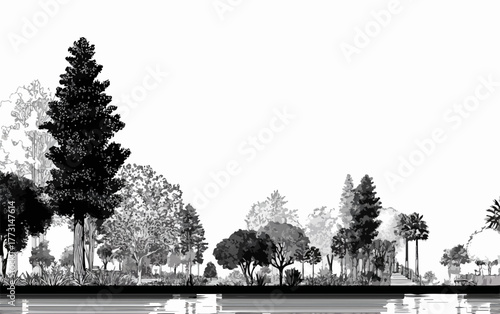 Ilustração detalhada em monocromático de uma floresta densa e variada, com suas silhuetas espelhadas perfeitamente na superfície aquática.