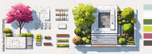 Uma ilustração de perspectiva superior detalhada de um projeto de paisagismo urbano moderno, com uma árvore florida vibrante e elementos arquitetônicos.