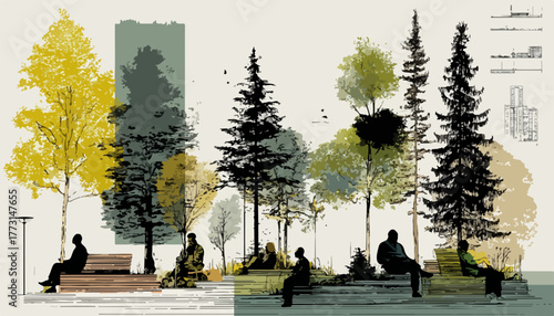 Uma ilustração serena de pessoas desfrutando de um parque urbano com árvores coloridas e bancos, promovendo tranquilidade e bem-estar.