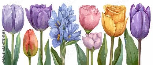 Uma vibrante coleção de tulipas e jacintos em diversas cores, ilustrando a beleza da primavera com elegância floral.