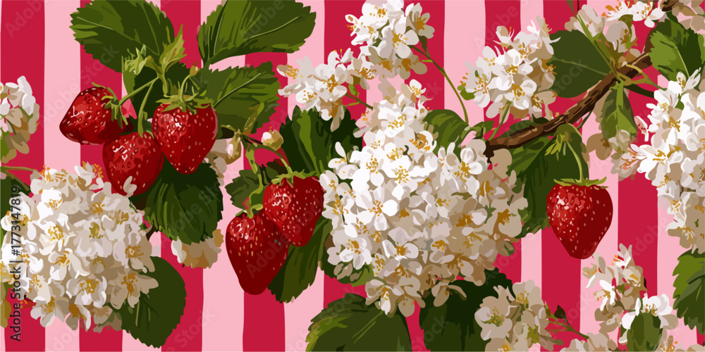 Uma composição vibrante de morangos vermelhos maduros e delicadas flores brancas em um fundo listrado rosa e elegante.