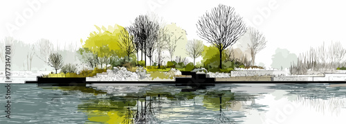 Uma paisagem serena e artística com árvores refletindo-se calmamente na água, criando uma atmosfera tranquila e harmoniosa.