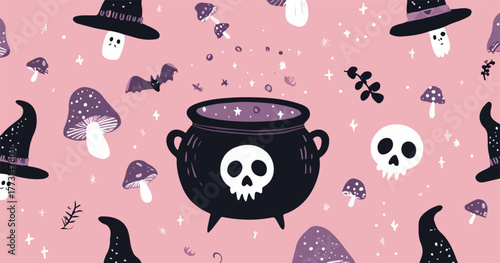 Este padrão festivo de Halloween apresenta um caldeirão mágico, chapéus de bruxa, crânios e cogumelos, criando uma atmosfera divertida e misteriosa em tons de rosa.