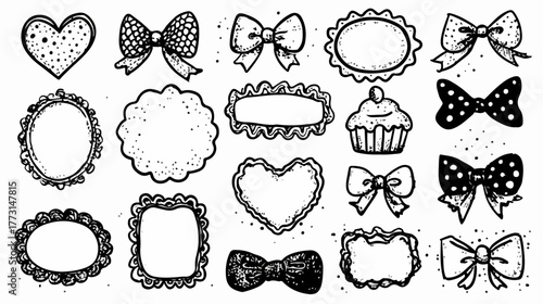 Uma coleção encantadora de elementos decorativos desenhados à mão, incluindo laços, corações e molduras vintage, perfeita para projetos criativos.
